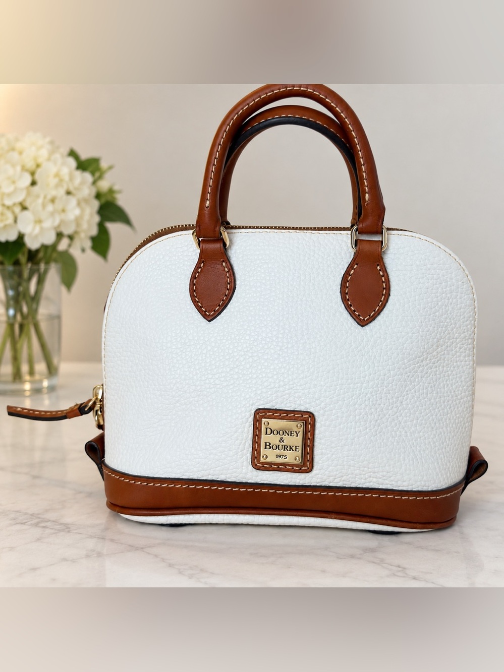 Dooney & Bourke White and Tan Pebbled Leather Mini Satchel